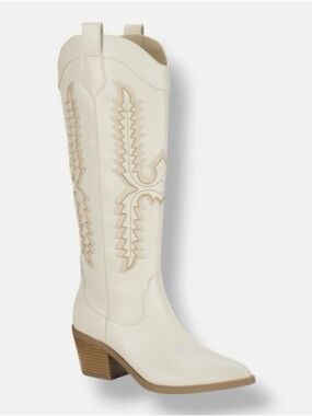 Sun + Stone Cream Western Knee-High Boot with Tan Heel for Summer Festival